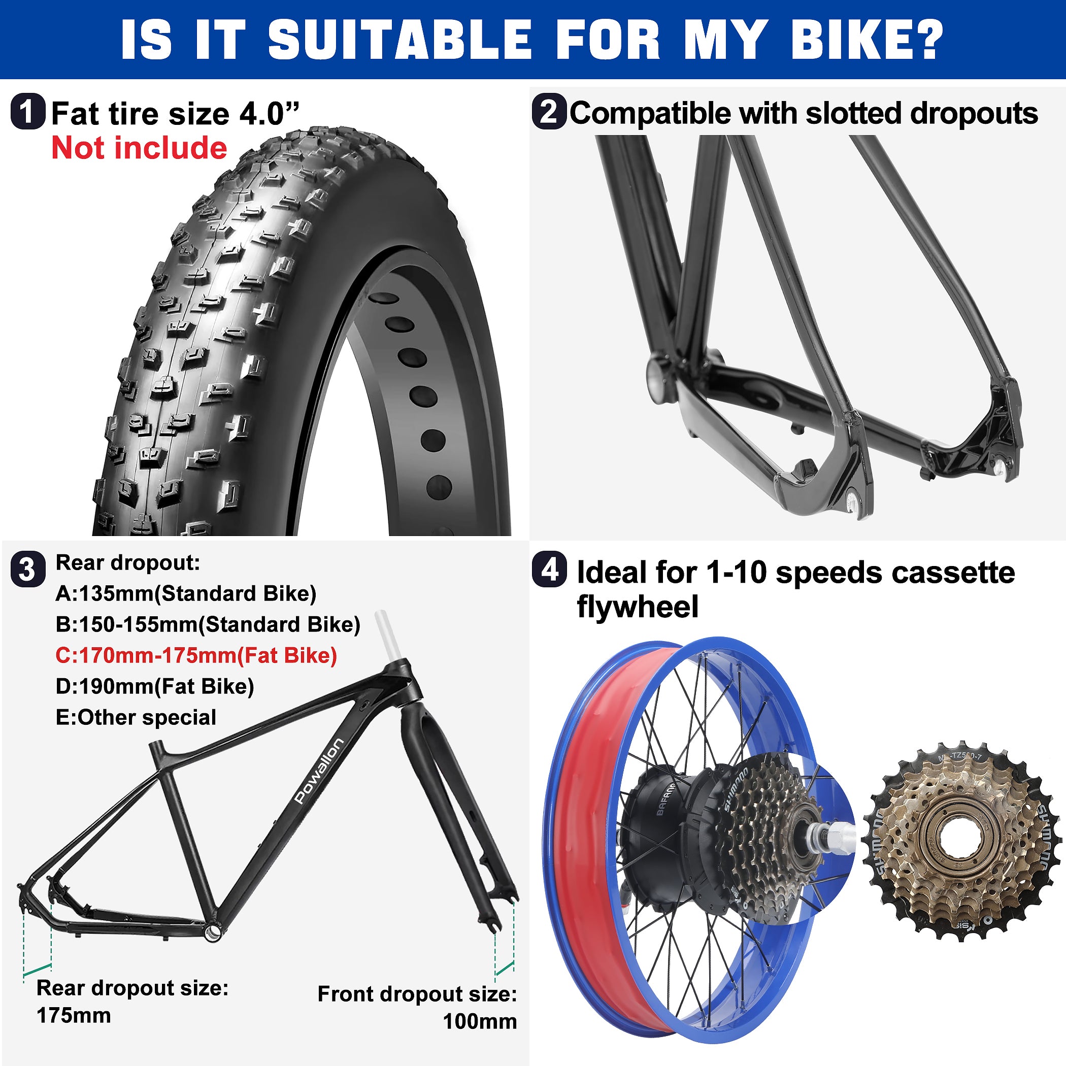 A guide detailing which bikes are compatible with bafang g062 750w fat tire ebike kit, focusing on fat tire size, rear dropout size, and freewheel options.