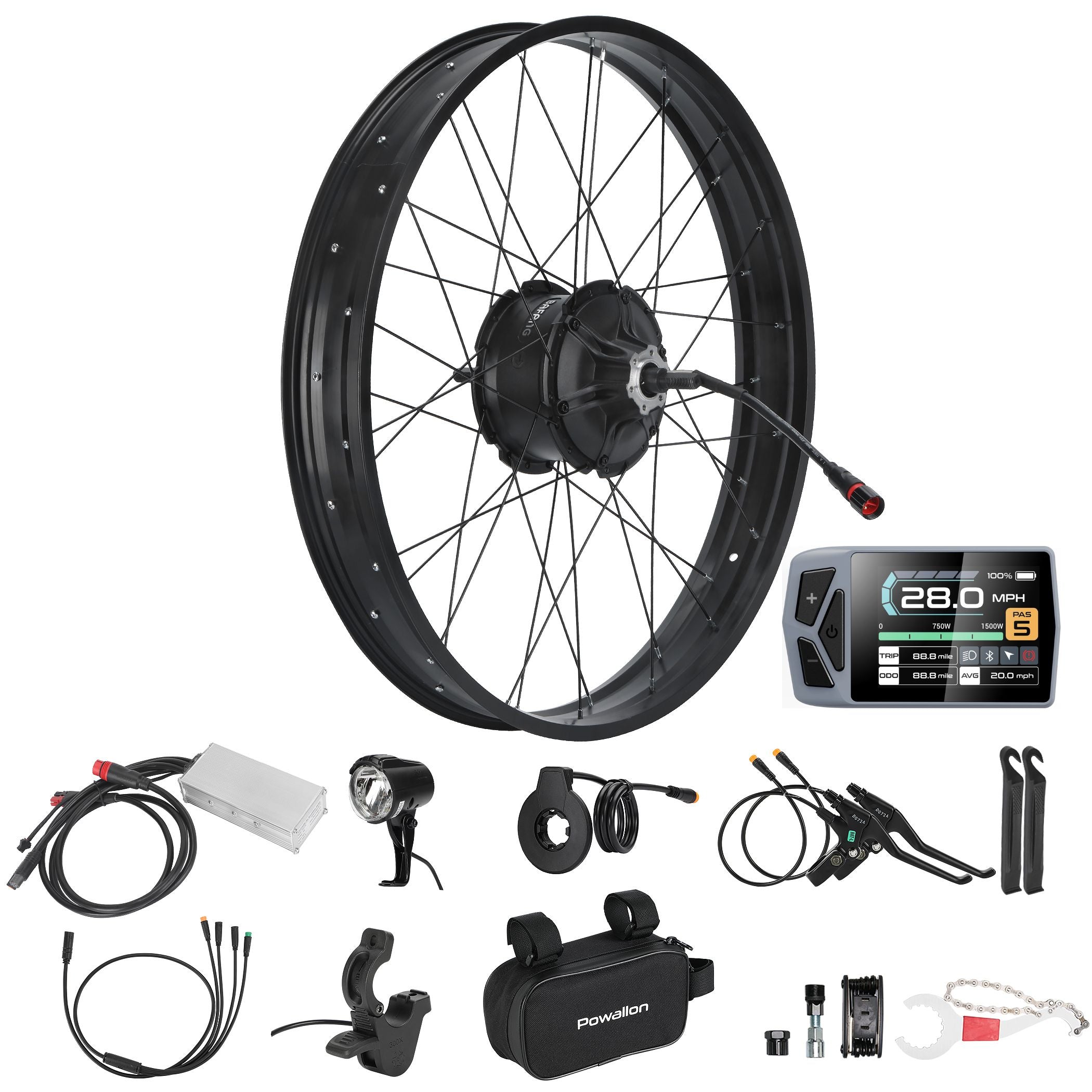 bafang g063 1000w 26inch fat tire ebike conversion kit, includes b02 ebike display, 30a ebike controller, controller bag, brake lever,pas sensor,headlight,thumb throttle,1t4 cable,and installation tool