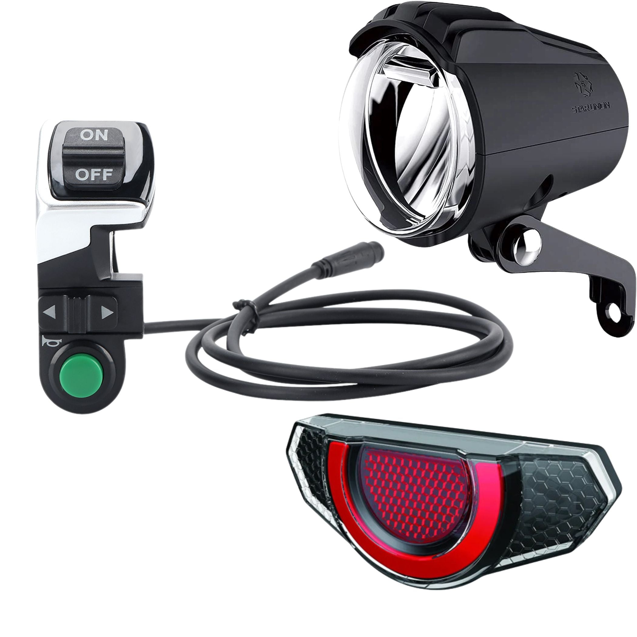 Headlight and taillight set for BAFANG e-bikes, featuring a front light with horn, rear light with brake and turn signal, and switch for easy control.