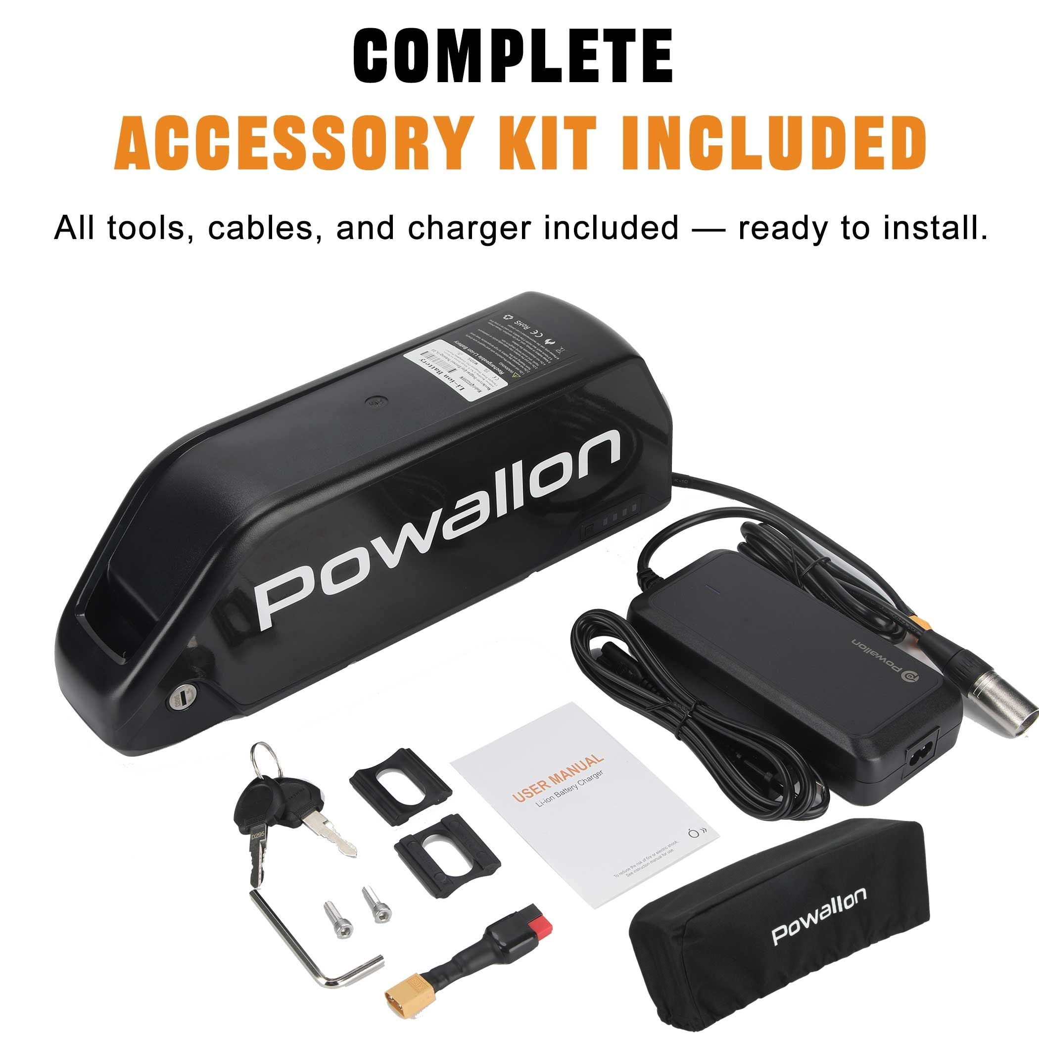 Complete Powallon 52V 20Ah Battery Kit with Charger, Keys, Cable, and Protective Bag