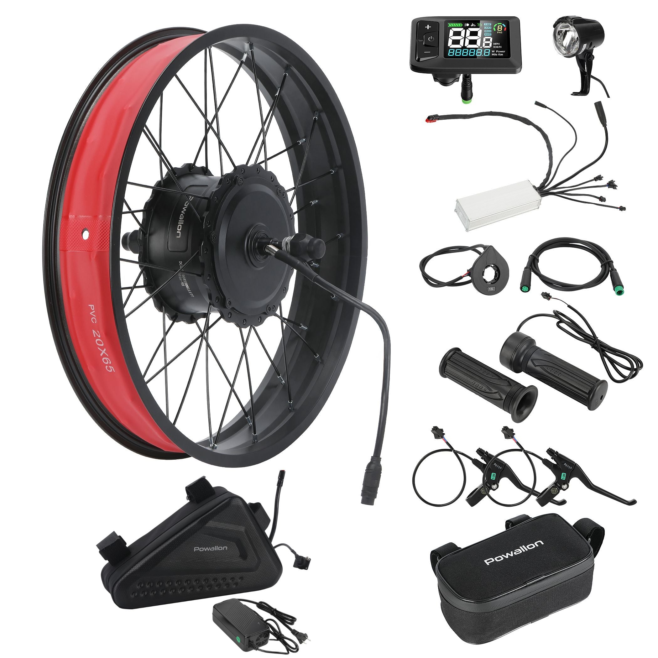 Powallon 750W fat tire electric bike conversion kit with battery, front hub motor wheel, kc01 display, controller, brake lever, PAS sensor, thumb throttle, headlight, 48v 20ah triangle battery with charger
