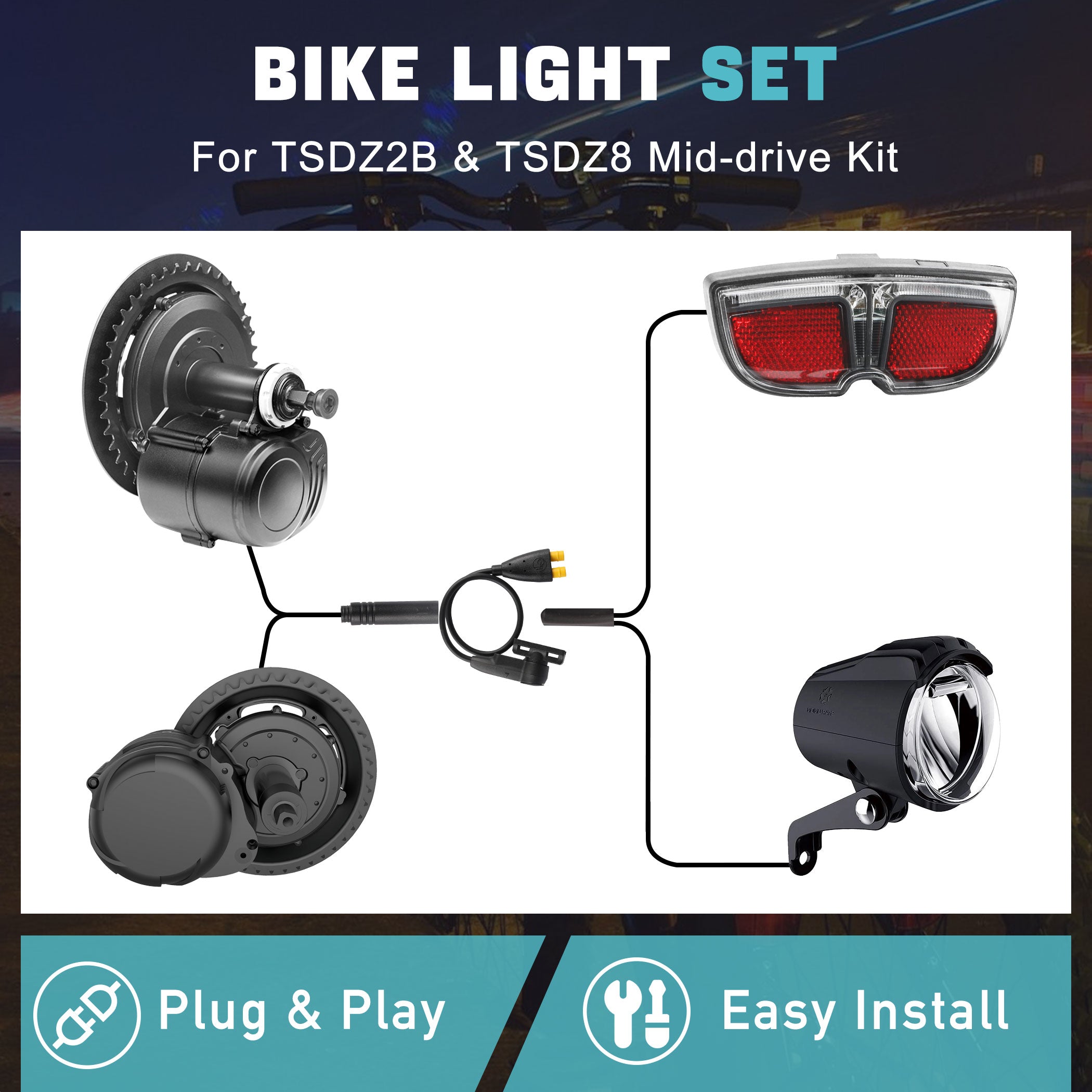 This lighting kit includes headlights, taillights, and dual-head speed sensors, specifically designed for mid-drive motors like Tongsheng TSDZ2, TSDZ2B, and TSDZ8. It features easy plug-and-play installation for hassle-free setup.