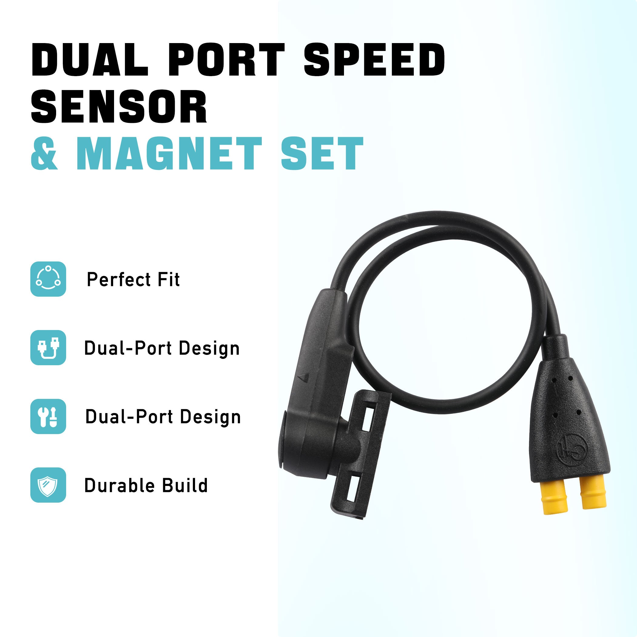 Dual port speed sensor and magnet set for tongsheng mid motor, featuring dual-port design, durable build, and perfect fit. Black cable with dual yellow connectors displayed