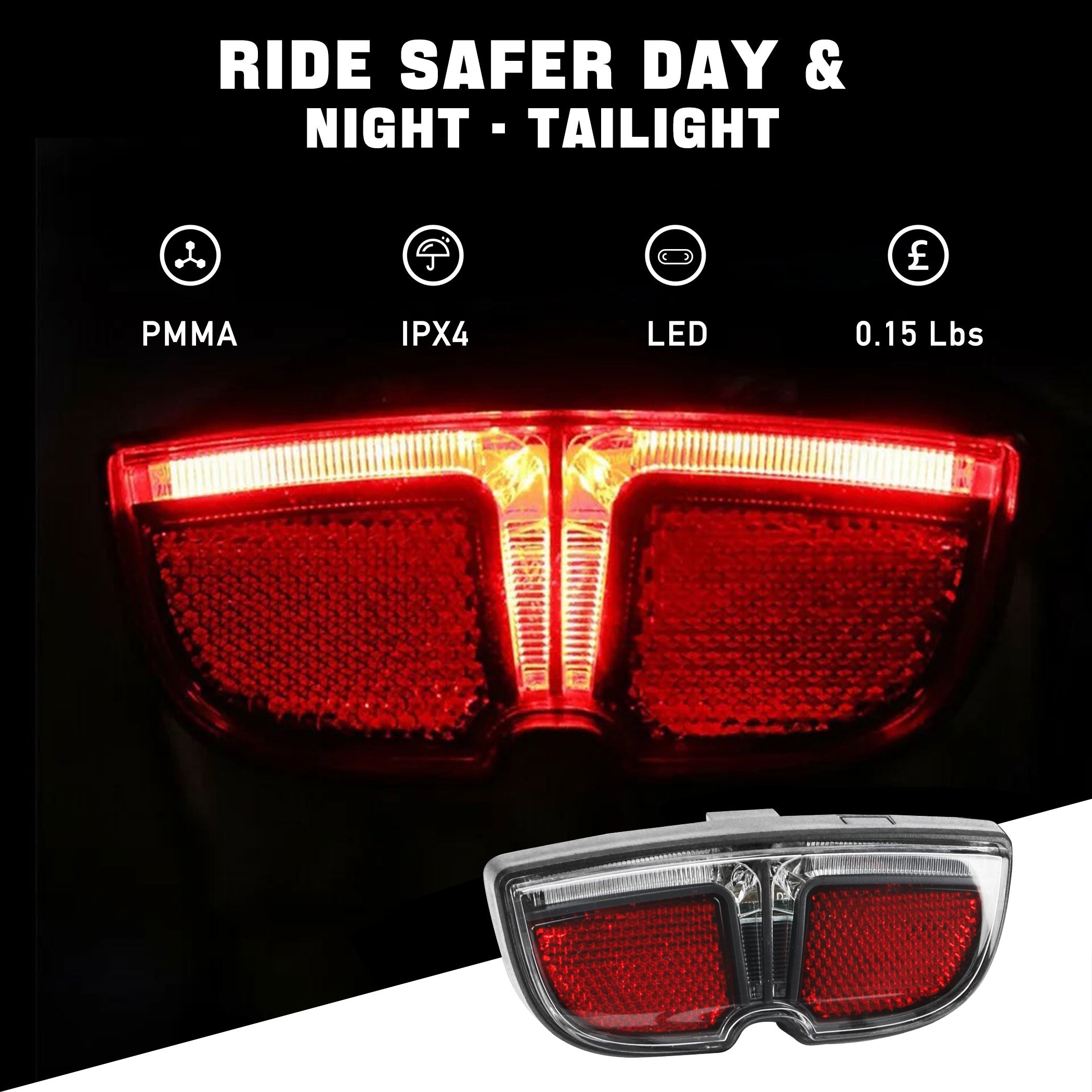 Tongsheng tsdz2 tsdz2b rear LED taillight with reflector, IPX4 waterproof design, PMMA lens, lightweight 0.15 lbs, bright red safety light for day and night riding.