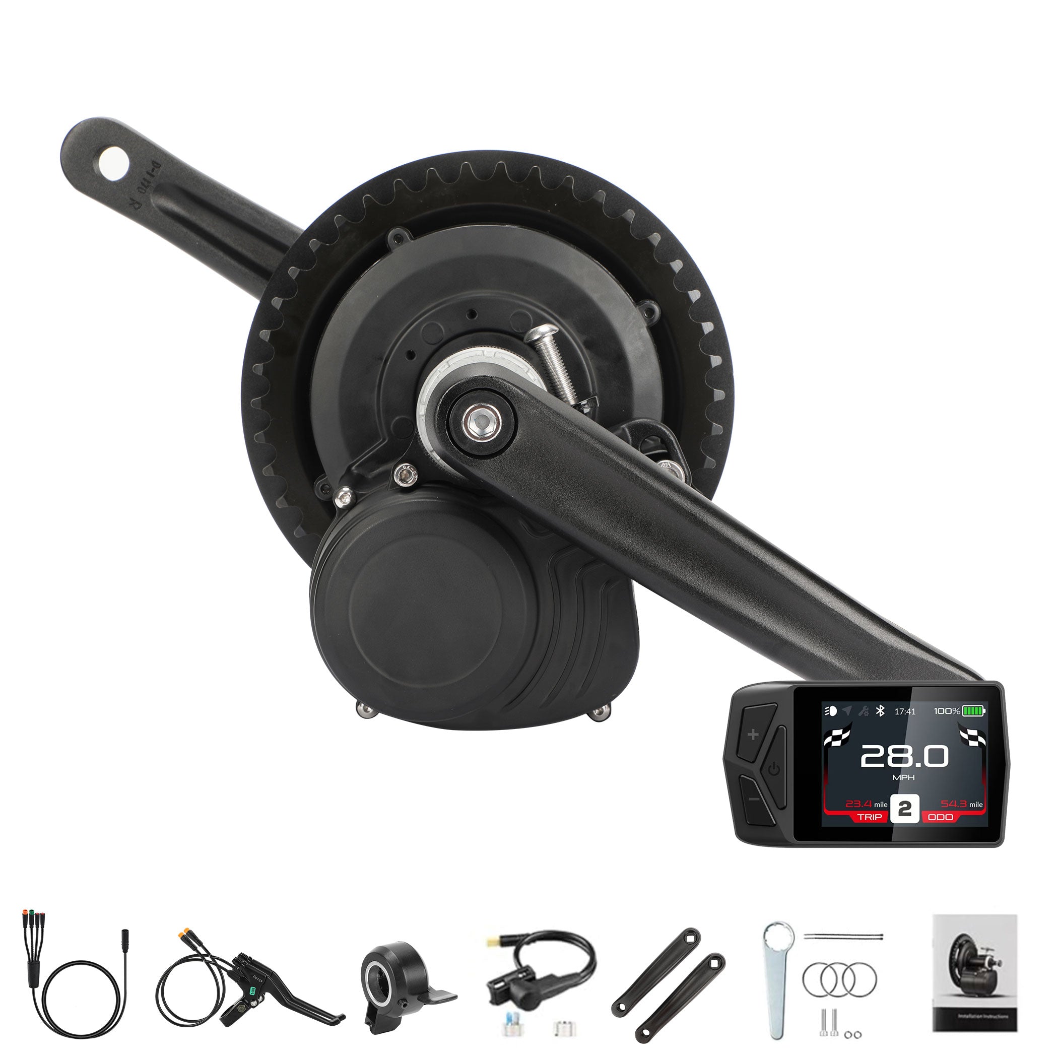 The complete TSDZ2B 500W mid-drive ebike kit laid out and showing the motor with crank arms, EKD display, thumb throttle, brake lever, 1t4 wiring harness, speed sensor set, wrench, BB washers, and manual.