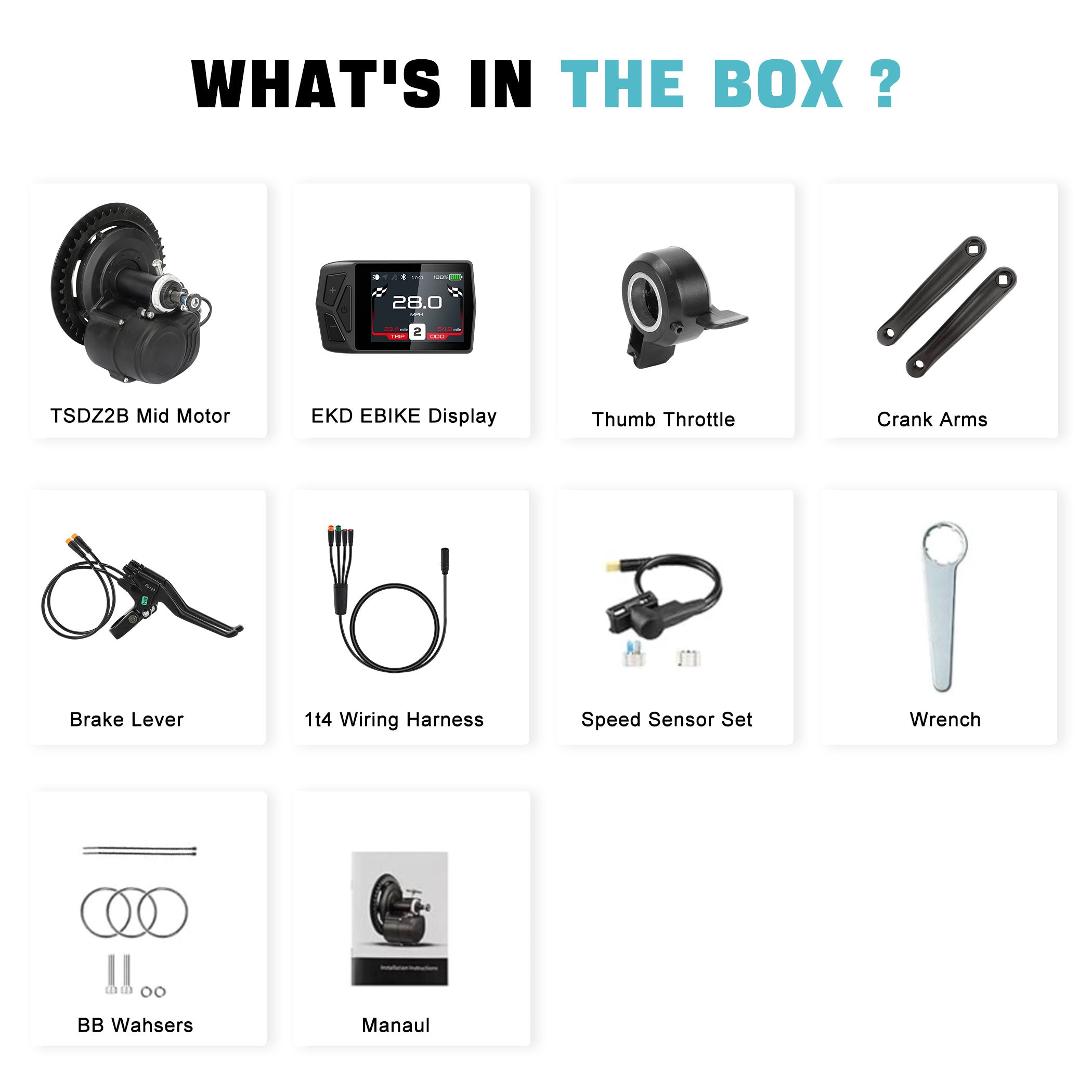 What's included in the TSDZ2B mid-drive ebike kit box: TSDZ2B mid motor, EKD ebike display, thumb throttle, crank arms, brake lever, 1t4 wiring harness, speed sensor set, wrench, BB washers, and manual.