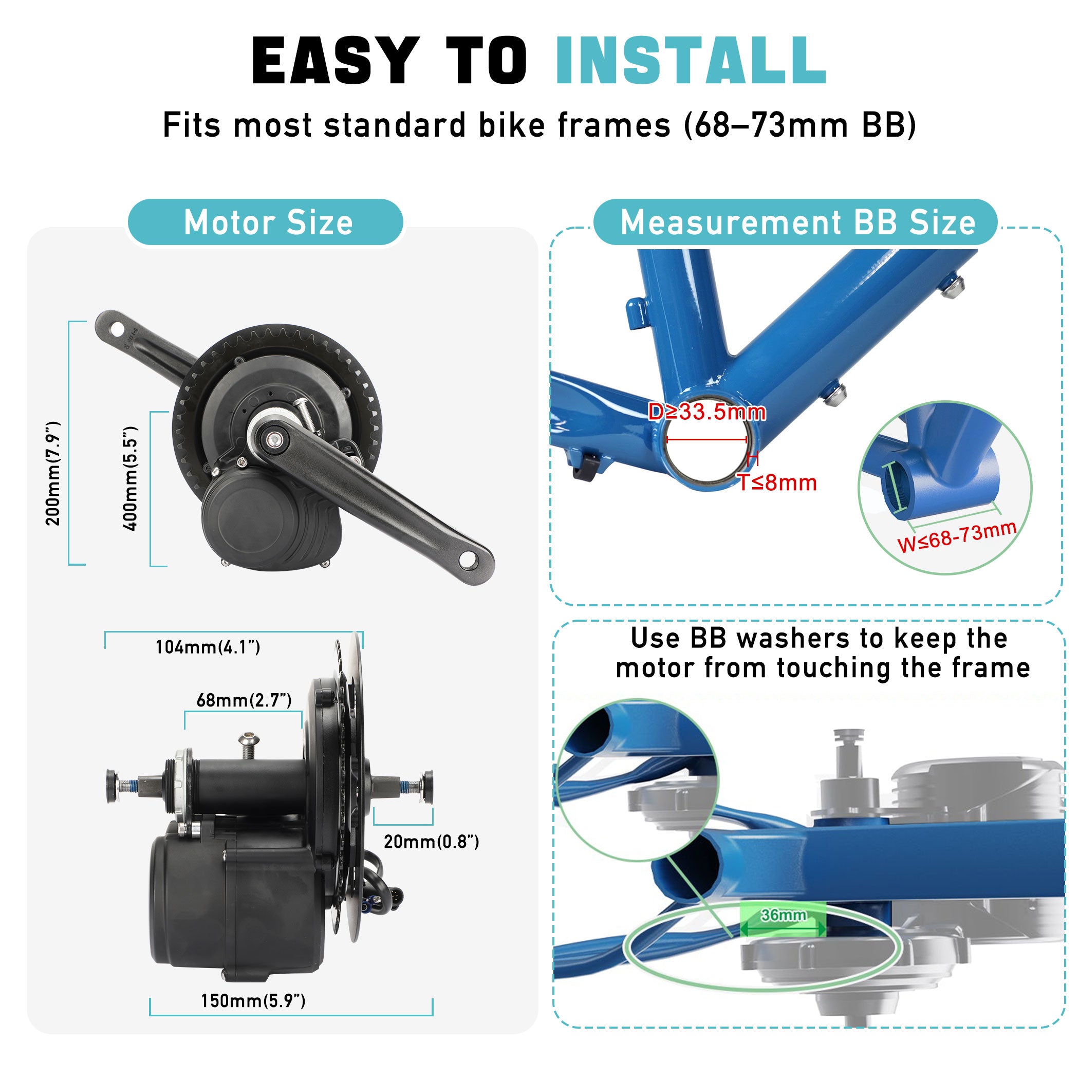 Easy installation of the TSDZ2B ebike motor shown with motor size dimensions (200mm x 140mm) and how it fits standard bike frames with a bottom bracket (BB) size of 68-73mm.