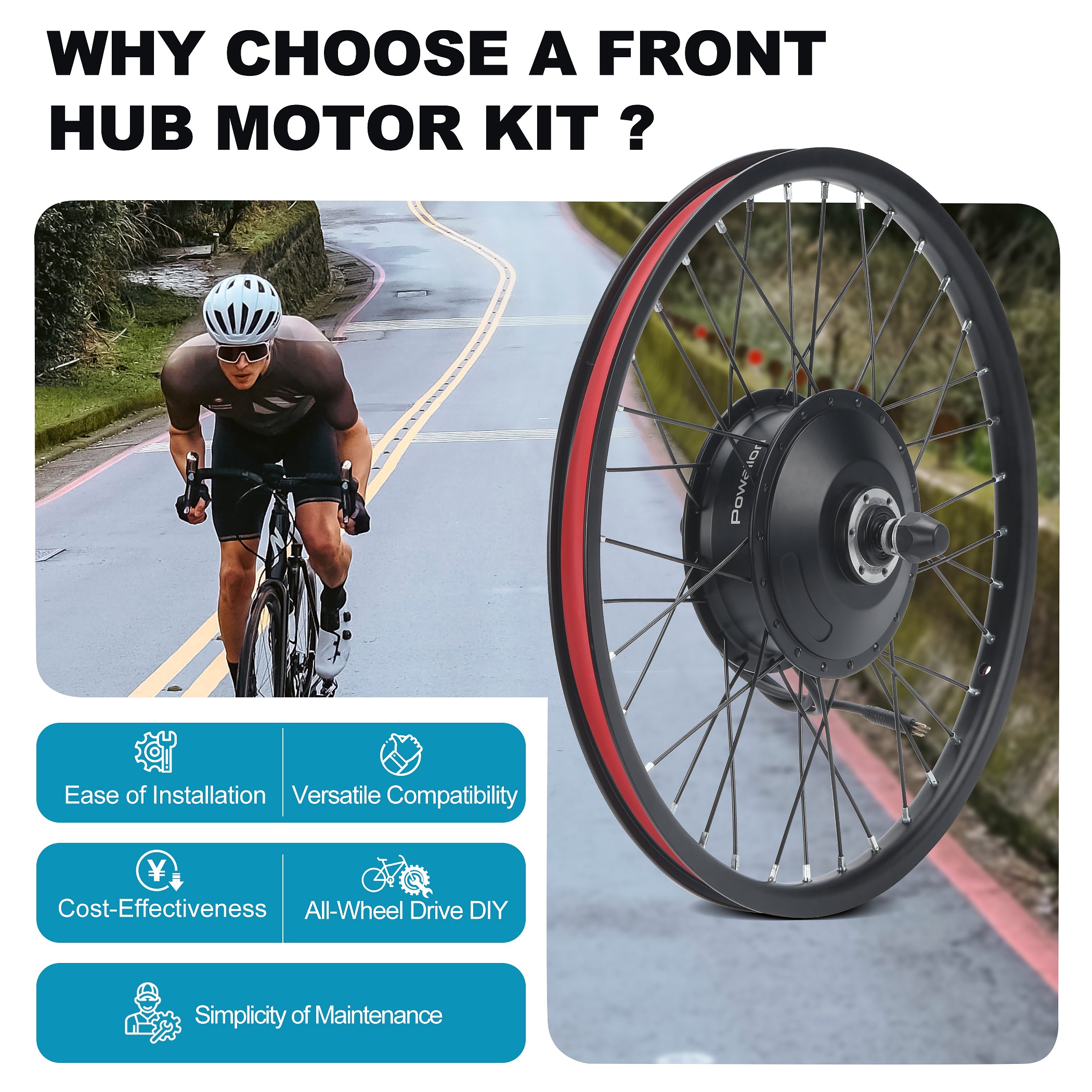 easons to choose a front wheel electric bike conversion kit, including ease of installation, versatile compatibility, cost-effectiveness, and low maintenance